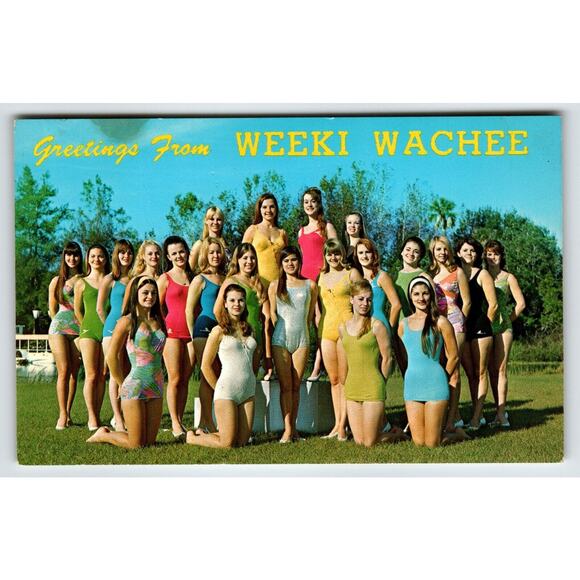 Greetings From Weeki Wachee Florida Postcard Mermaids Women Pose Outside Chrome - Picture 1 of 2